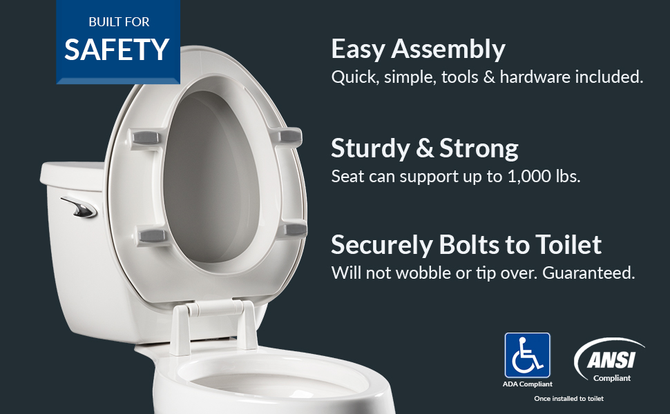 Booster seat for round and elongated toilets, 3" elevated, bolts to toilet for safety, no wiggle