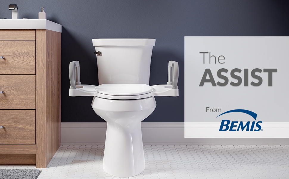 The Assist toilet seat from Bemis with built-in support arms for safety and stability in bathroom