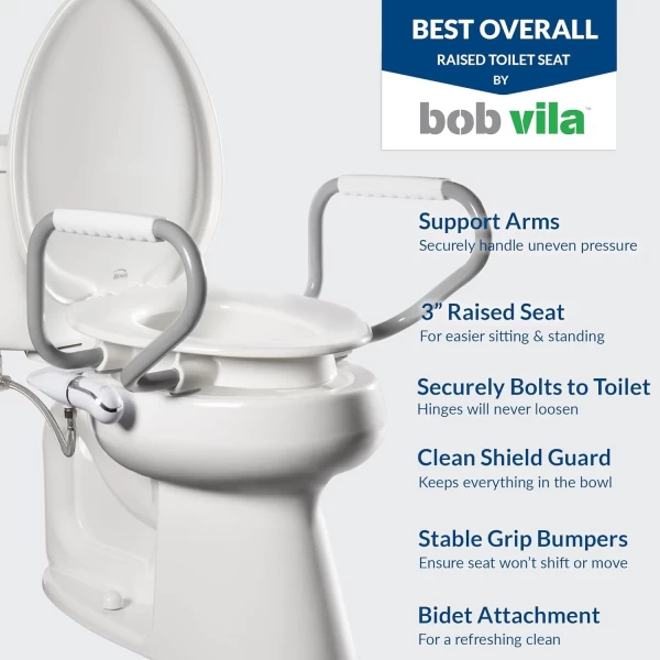 Bemis Assurance 3" Raised Toilet Seat with Handles and Bidet Attachment, Clean Shield Guard, Secure Hinges, Elongated, White - Image 11