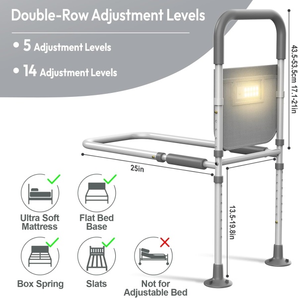 Bed Rails for Elderly Adults Safety: with Motion Sensor Light & Storage Bag -Adjustable Bed Assist Rail for Seniors - Side Bed Rail Handle Support Bar Bed Guard Rails - Fit King Queen Full Twin Bed - Image 4