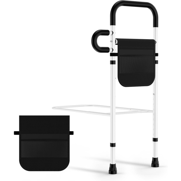 Adjustable Height Bed Rails for Elderly, Bed Assist Rail with Leg, Safety Handle and Storage Pocket