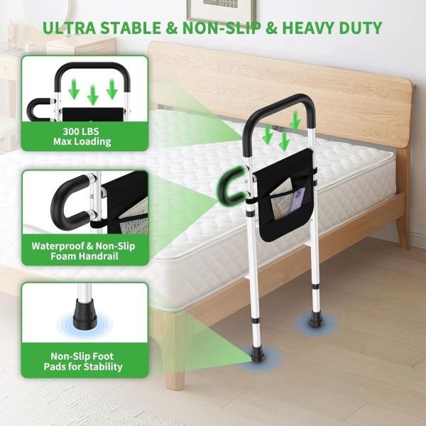 Adjustable Height Bed Rails for Elderly, Bed Assist Rail with Leg, Safety Handle and Storage Pocket - Image 8