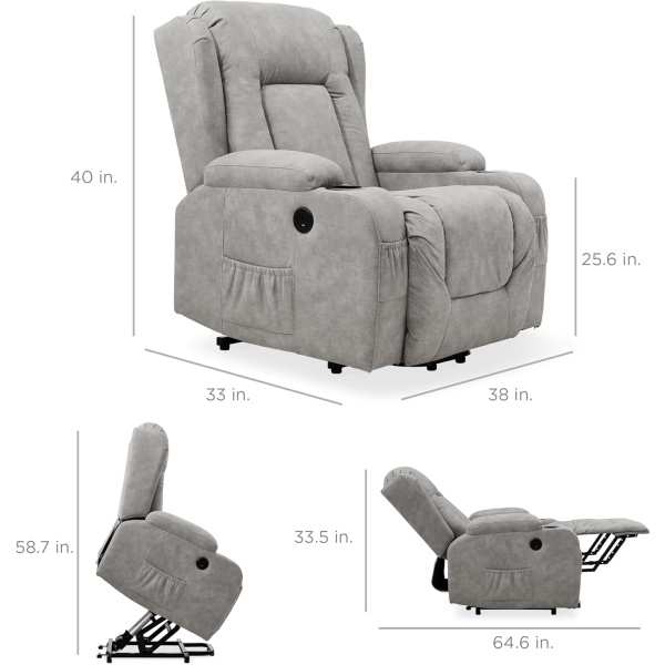 Best Choice Products PU Leather Electric Power Lift Chair, Recliner Massage Chair, Adjustable Furniture for Back, Legs w/ 3 Positions, USB Port, Heat, Cupholders, Easy-to-Reach Side Button - Gray - Image 3