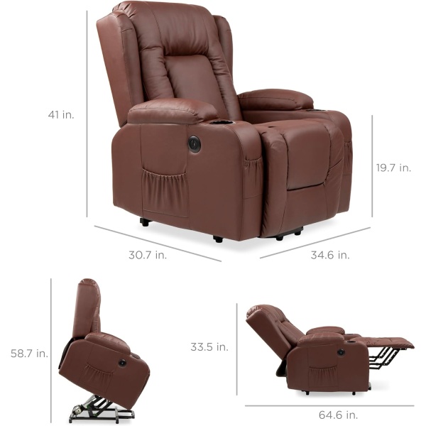 Best Choice Products PU Leather Electric Power Lift Chair, Recliner Massage Chair, Adjustable Furniture for Back, Legs w/ 3 Positions, USB Port, Heat, Cupholders, Easy-to-Reach Side Button - Gray - Image 49