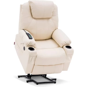 MCombo Electric Power Lift Recliner Chair Sofa with Massage and Heat for Elderly, 3 Positions, 2 Side Pockets, and Cup Holders, USB Ports, Faux Leather 7040 (Cream White, Medium)