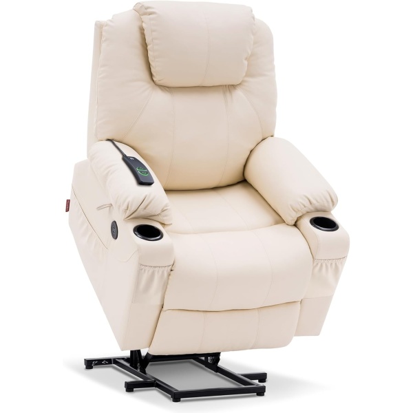 MCombo Electric Power Lift Recliner Chair Sofa with Massage and Heat for Elderly, 3 Positions, 2 Side Pockets, and Cup Holders, USB Ports, Faux Leather 7040 (Cream White, Medium)