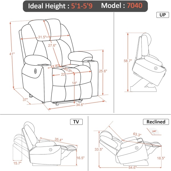 MCombo Electric Power Lift Recliner Chair Sofa with Massage and Heat for Elderly, 3 Positions, 2 Side Pockets, and Cup Holders, USB Ports, Faux Leather 7040 (Cream White, Medium) - Image 4