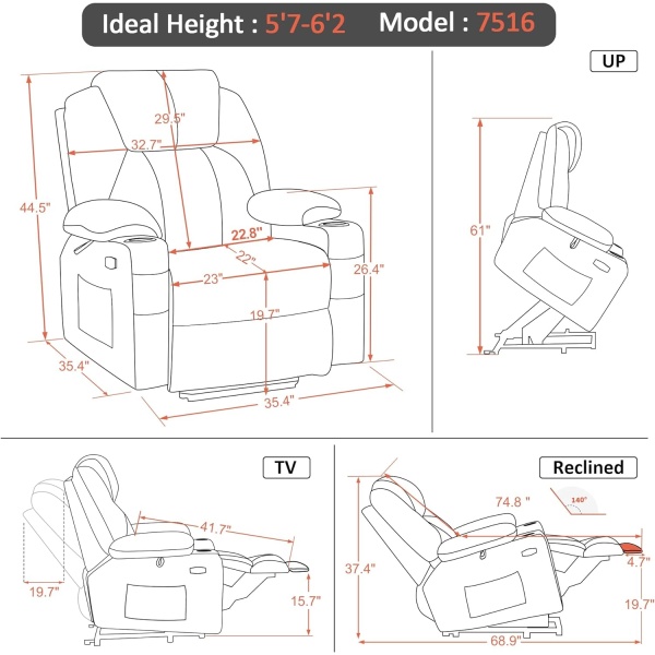 MCombo Electric Power Lift Recliner Chair Sofa with Massage and Heat for Elderly, 3 Positions, 2 Side Pockets, and Cup Holders, USB Ports, Faux Leather 7040 (Cream White, Medium) - Image 11