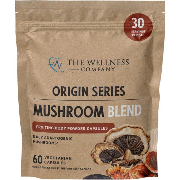 The Wellness Company Mushroom Blend | 60ct (1 Month) | 5 Mushrooms: Reishi, Lion’s Mane, Turkey Tail, Cordyceps, Chaga | Non-GMO, Gluten-Free | Supports Stress, Cognitive Function & Immune Health