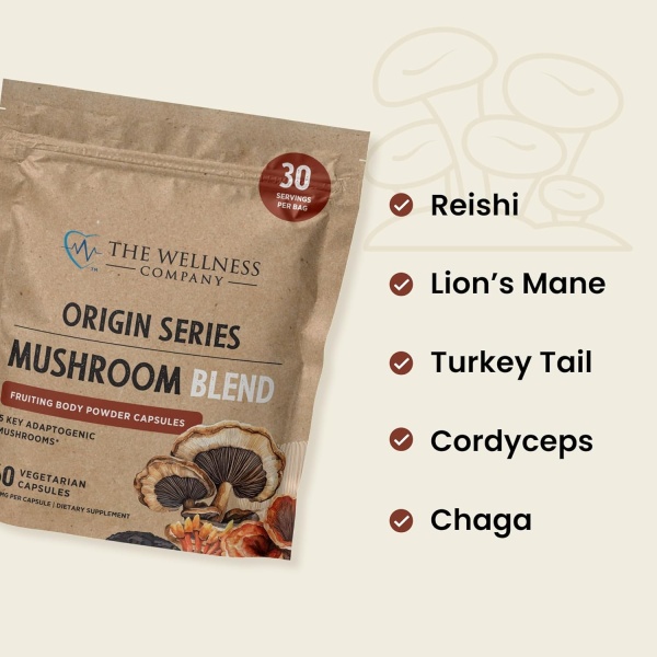 The Wellness Company Mushroom Blend | 60ct (1 Month) | 5 Mushrooms: Reishi, Lion’s Mane, Turkey Tail, Cordyceps, Chaga | Non-GMO, Gluten-Free | Supports Stress, Cognitive Function & Immune Health - Image 4