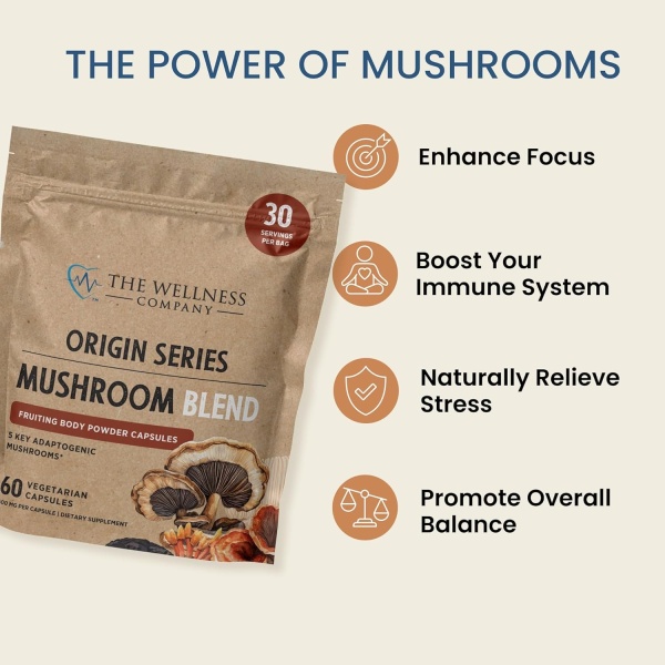 The Wellness Company Mushroom Blend | 60ct (1 Month) | 5 Mushrooms: Reishi, Lion’s Mane, Turkey Tail, Cordyceps, Chaga | Non-GMO, Gluten-Free | Supports Stress, Cognitive Function & Immune Health - Image 5