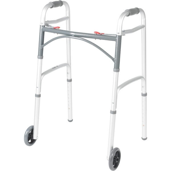 Drive Medical 10210-1 2-Button Folding Walker with Wheels, Rolling Walker, Front Wheel Walker, Lightweight Walkers for Seniors and Adults Weighing Up To 350 Pounds, Adjustable Height, Silver