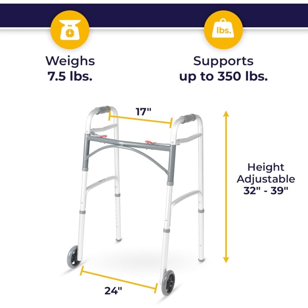 Drive Medical 10210-1 2-Button Folding Walker with Wheels, Rolling Walker, Front Wheel Walker, Lightweight Walkers for Seniors and Adults Weighing Up To 350 Pounds, Adjustable Height, Silver - Image 5