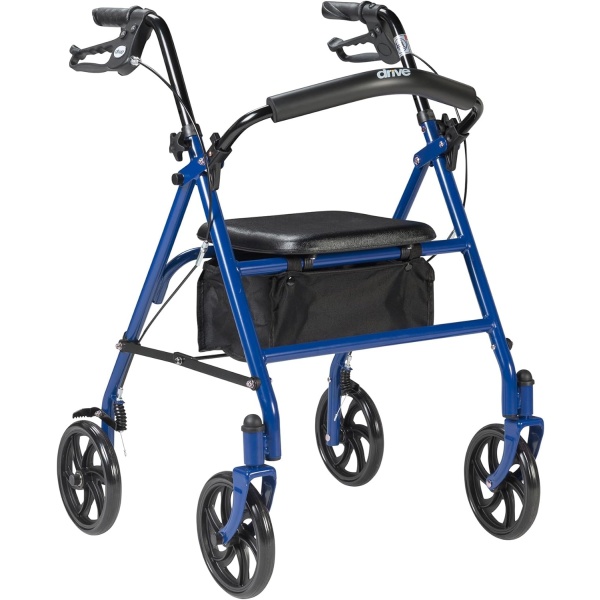 Drive Medical 10257BL-1 4 Wheel Rollator Walker With Seat, Steel Rolling Walker, Height Adjustable, 7.5" Wheels, Removable Back Support, 300 Pound Weight Capacity, Blue