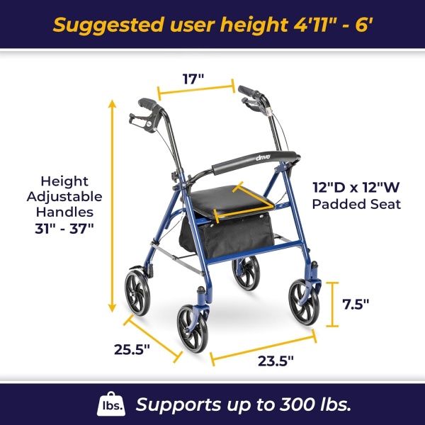 Drive Medical 10257BL-1 4 Wheel Rollator Walker With Seat, Steel Rolling Walker, Height Adjustable, 7.5" Wheels, Removable Back Support, 300 Pound Weight Capacity, Blue - Image 5