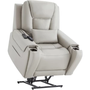 CHITA Electric Power Lift Recliner Chair for Elderly, Oversized Genuine Leather Chair with Cup Holders and USB Ports for Living Room, with Massage and Heat, Light Grey